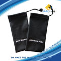 a black microfiber drawstring pouch